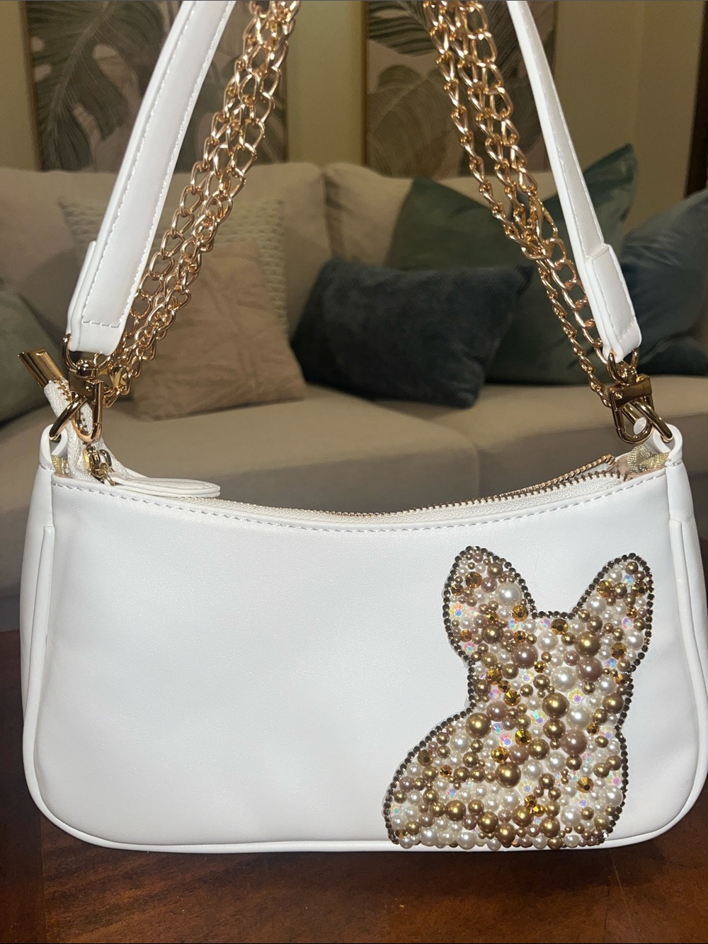 Hand Crafted White Shoulder Bag with Gold Chain and Pearl Frenchie 🐾
